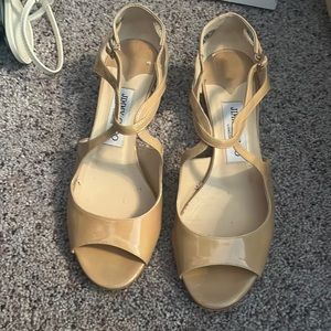 Jimmy choo beige patent leather wedge sandals